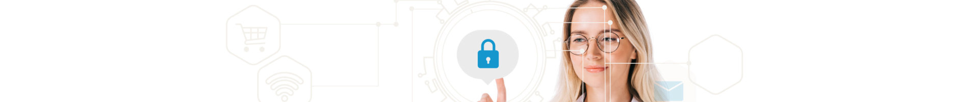 portrait of smiling woman in formal wear pointing at cyber security sign